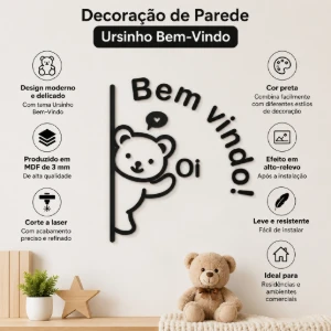 Quadro Vazado Ursinho Bem-Vindo em MDF 50 x 45 cm - Artesanato e Personalizados