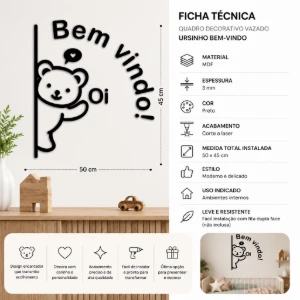 Quadro Vazado Ursinho Bem-Vindo em MDF 50 x 45 cm - Artesanato e Personalizados