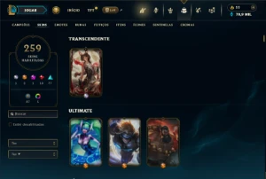 Ouro 4 com TODOS os champs e 259 Skins +1 Transcendente - League of Legends LOL