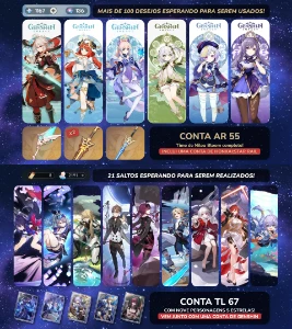 Conta MiHoYo AR55 c/ cinco personagens 5⭐ e quatro armas 5⭐ - Genshin Impact