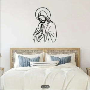 Quadro Vazado Jesus Orando em MDF Preto 40 x 27 cm