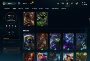 Conta prata 4 com 150 Champs e 210 Skins + 1000 RP- MAIN TOP - League of Legends LOL