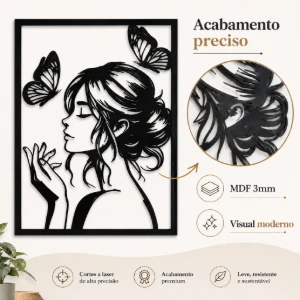 Quadro Mulher com Borboletas em MDF Preto 40 x 30 cm - Artesanato e Personalizados
