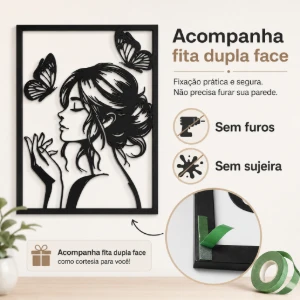 Quadro Mulher com Borboletas em MDF Preto 40 x 30 cm - Artesanato e Personalizados