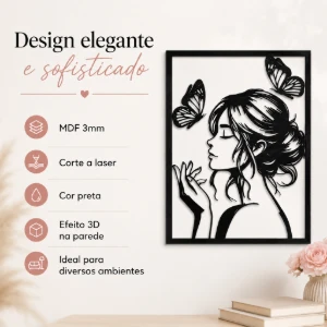 Quadro Mulher com Borboletas em MDF Preto 40 x 30 cm - Artesanato e Personalizados