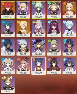Diluc e Yoimiya + 12 personagens lvl 23 - Genshin Impact