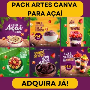 Pack Artes Canva Açaí – 65 Temas Editáveis para Açaiterias