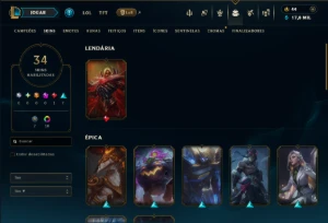 Unranked com 110 Champs e 34 Skins +8 Vitoriosas - League of Legends LOL