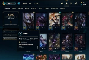 Conta prata 2 com TODOS os champ e 172 Skins + 500k de Diana - League of Legends LOL