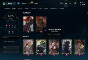 Conta ouro 3 com 150 Champs e 425 Skins + 5 Prestigios - League of Legends LOL