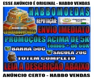 HABBO HOTEL MOEDAS - 20C = SACOLA - ENVIO RÁPIDO - BR/PT
