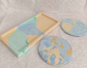 Kit Bandeja e 2 Porta-Copos em Cimento Branco - Artesanato e Personalizados