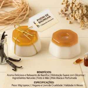 Sabonete Artesanal Pudim de Baunilha 90g - Mel e Pepino - Artesanato e Personalizados