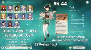 AR 44 Diluc + Venti + Jean + Tumulo do Lobo - Genshin Impact