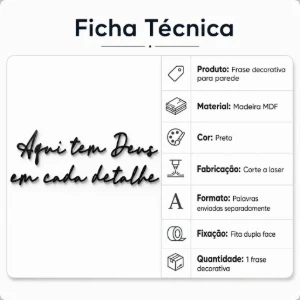 Frase Aqui Tem Deus em Cada Detalhe em MDF Preto - Artesanato e Personalizados