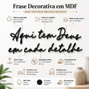 Frase Aqui Tem Deus em Cada Detalhe em MDF Preto - Artesanato e Personalizados