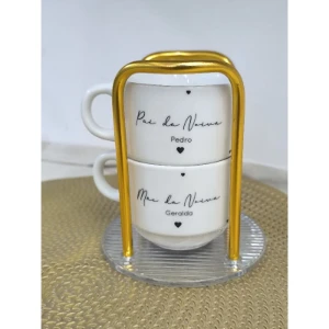 Torre com 2 Xícaras e Suporte Dourado - Artesanato e Personalizados