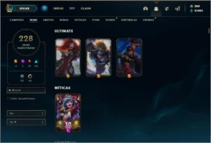 Conta diamante 1 com todos os champs e 228 skins (MAIN SUP) - League of Legends LOL