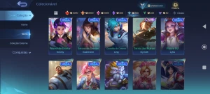 Conta com 132 skins, 76 heróis, nível celestial 34 - Mobile Legends