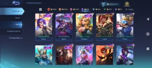 Conta com 132 skins, 76 heróis, nível celestial 34 - Mobile Legends