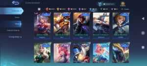 Conta com 132 skins, 76 heróis, nível celestial 34 - Mobile Legends