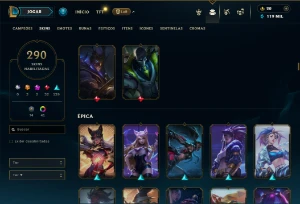 Platina 4 com TODOS os champs e 290 Skins ( MID / JG / TOP ) - League of Legends LOL