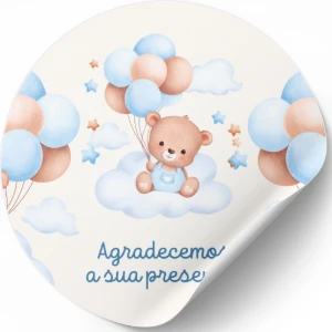 Adesivos de Ursinho Azul com Balões - 50 ou 100 Unidades - Artesanato e Personalizados
