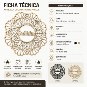 Mandala Gratidão em MDF Cru 45 x 45 cm - Artesanato e Personalizados