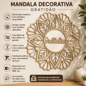 Mandala Gratidão em MDF Cru 45 x 45 cm - Artesanato e Personalizados