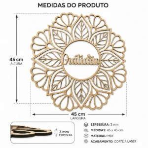 Mandala Gratidão em MDF Cru 45 x 45 cm - Artesanato e Personalizados