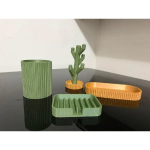 Kit Banheiro Canelado 3D Verde e Mostarda - 4 Peças - Artesanato e Personalizados