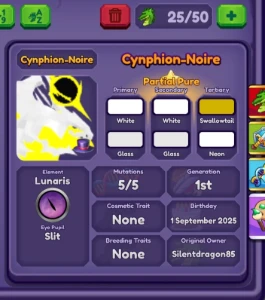 Cynphion-noire FM, Gen 1, partial pure, DA/Dragon adventures - Roblox
