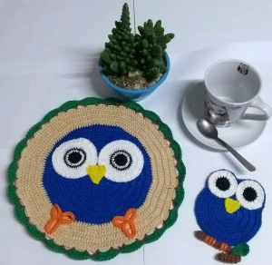 Porta prato e porta copo Coruja - Artesanato e Personalizados