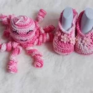 Kit Sapatinho e Polvo Rosa Mesclado com Flores - Artesanato e Personalizados