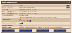 PALADIN 163 + PAL 36 + ROOK 23 + LOYALTY CONTA ANTIGA NEFERA - Tibia