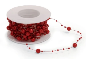 Cordão de Pérolas Vermelho - Rolo com 8 Metros - Artesanato e Personalizados