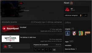 Conta steam com 165 jogos, 6 anos, nível 28.
