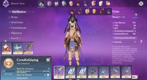 Conta Genshin Impact AR 5 com Cyno, Keqing e Qiqi