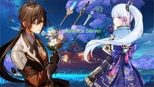 Conta Genshin Impact com Zhongli e Kamisato Ayaka