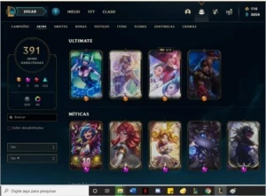 Gold 4 ,391 skins, 3 prestígios, 1 hextec e 4 ultimates - League of Legends LOL