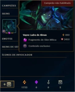 Conta League of Legends Ouro I com Vayne Ladra de Almas LOL